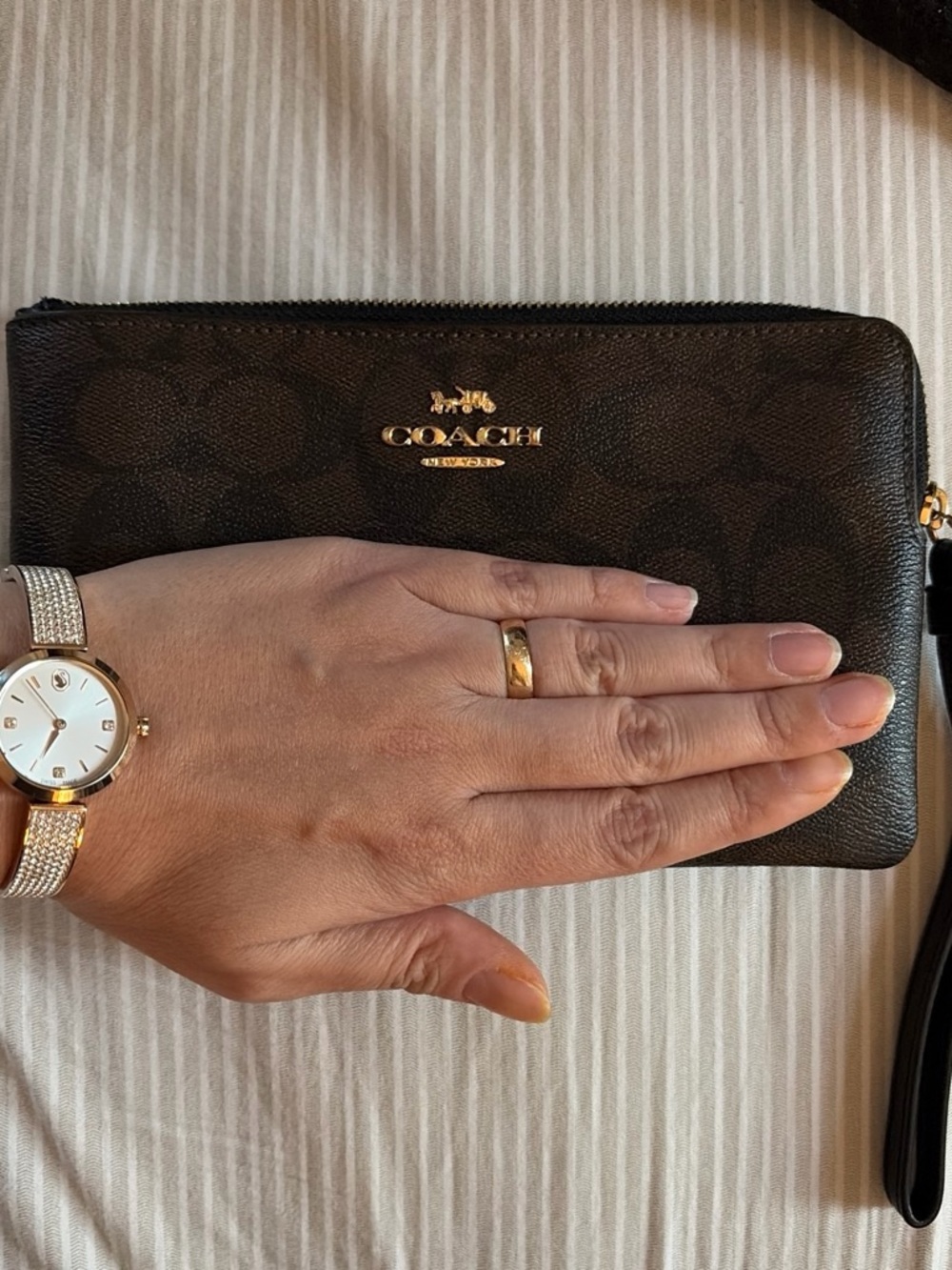 Coach Brown Signature Zip Wristlet with Gold Logo